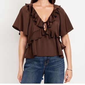 Old Navy Brown Ruffle V-Neck Top